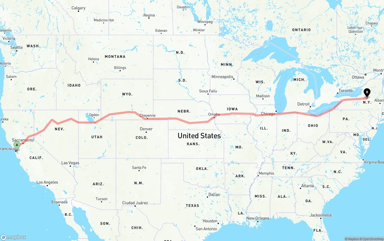 Shipping route from Port of Oakland to New York