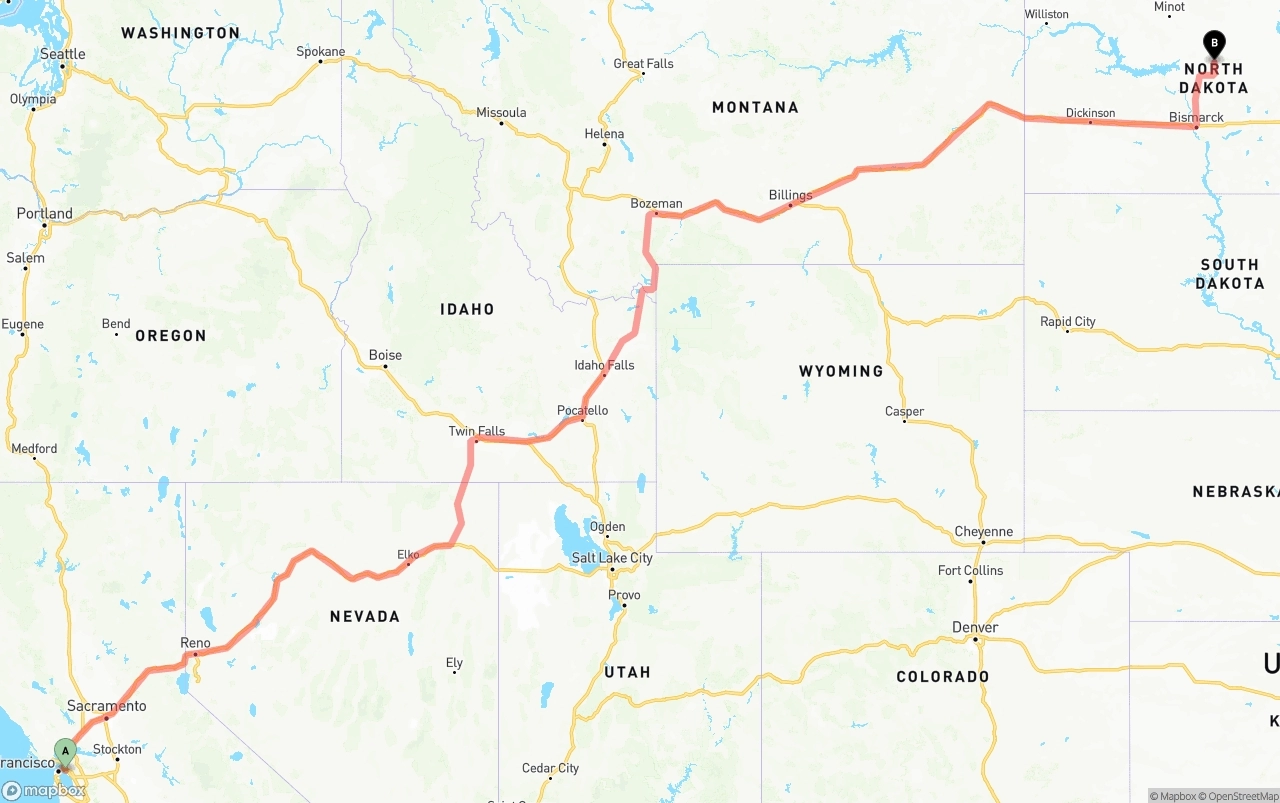 Shipping route from Port of Oakland to North Dakota