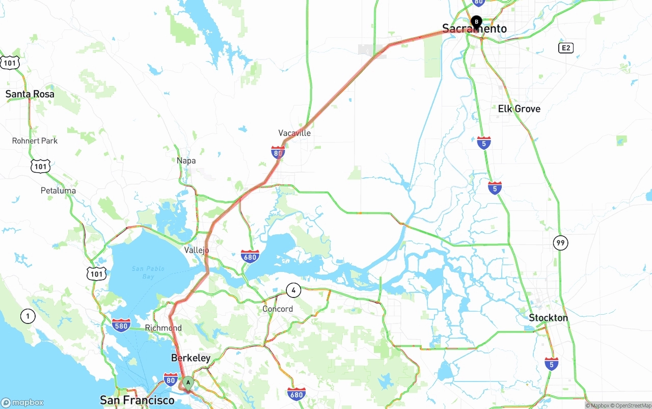 Shipping route from Port of Oakland to Sacramento