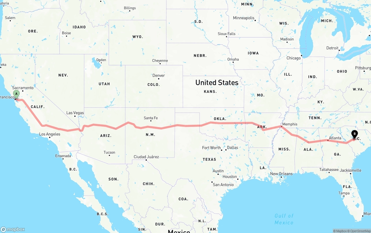 Shipping route from Port of Oakland to South Carolina