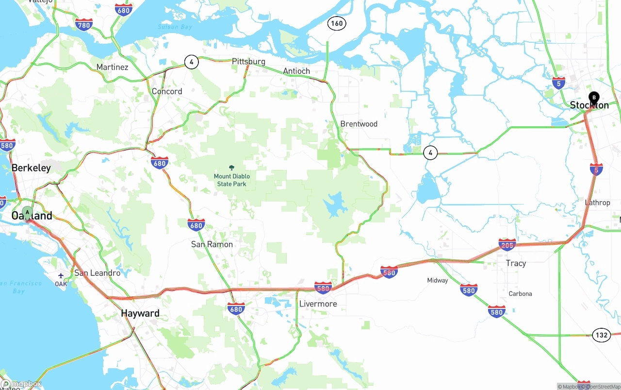 Shipping route from Port of Oakland to Stockton