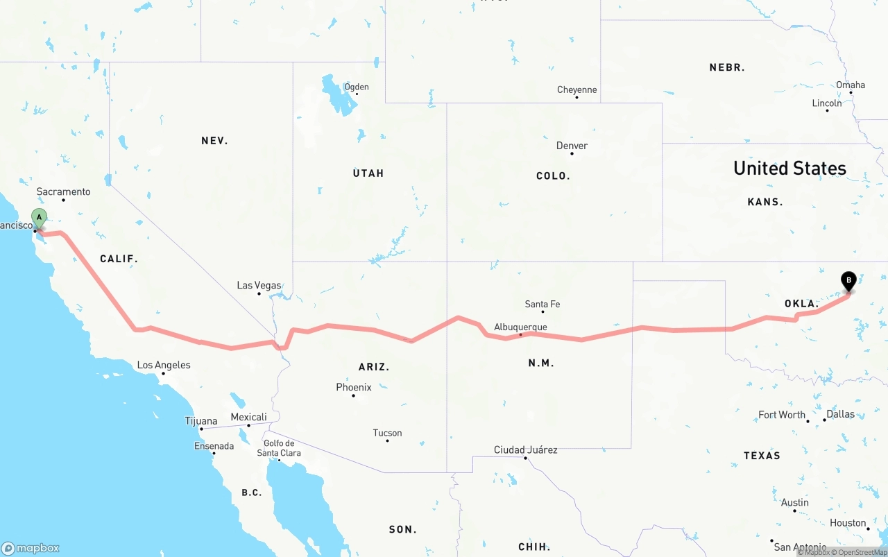 Shipping route from Port of Oakland to Tulsa