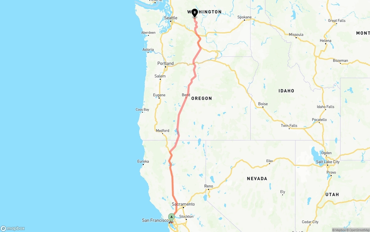 Shipping route from Port of Oakland to Washington