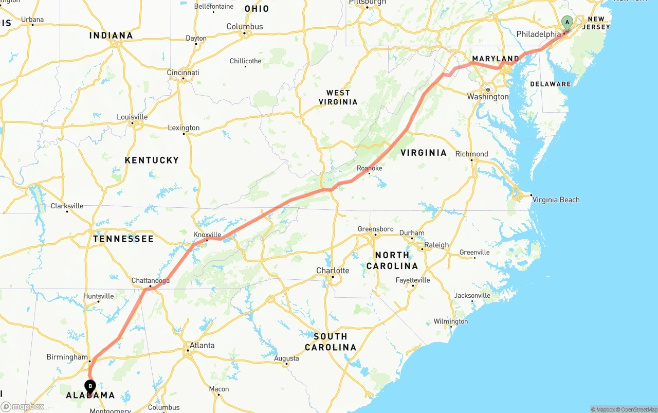 Shipping route from Port of Philadelphia to Alabama