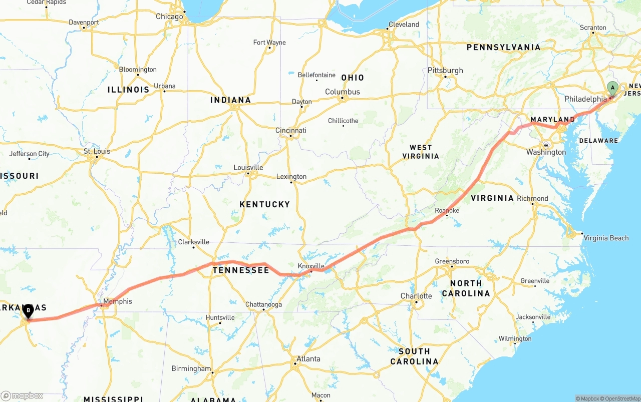 Shipping route from Port of Philadelphia to Arkansas