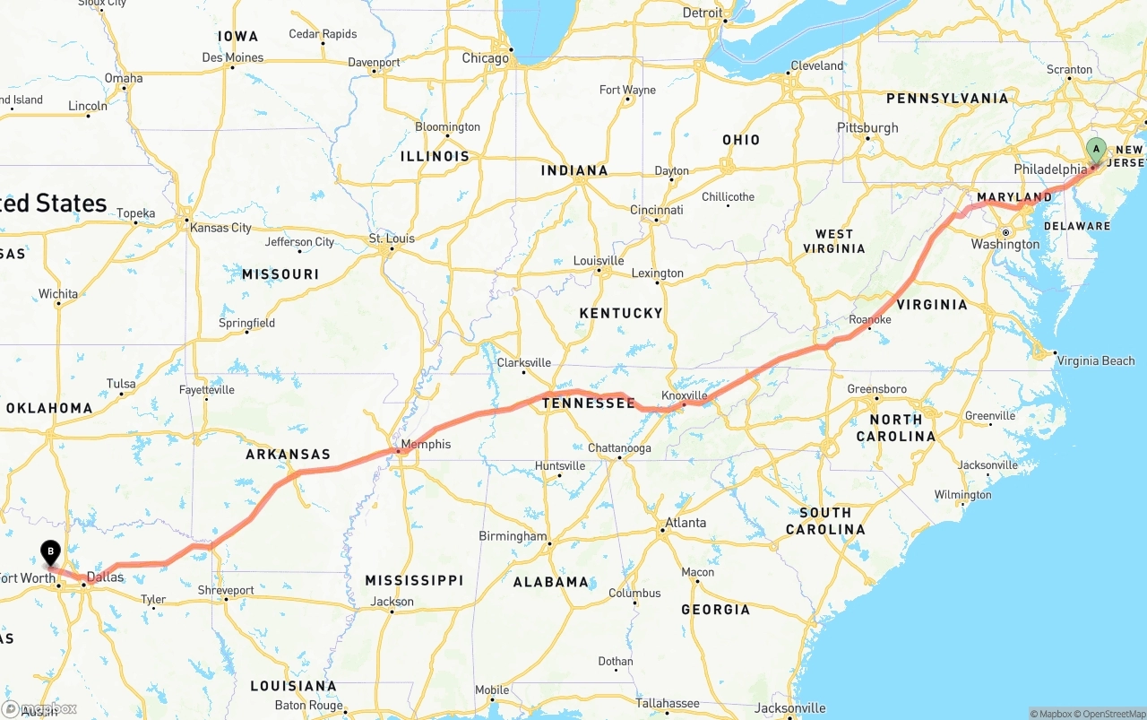 Shipping route from Port of Philadelphia to Aurora