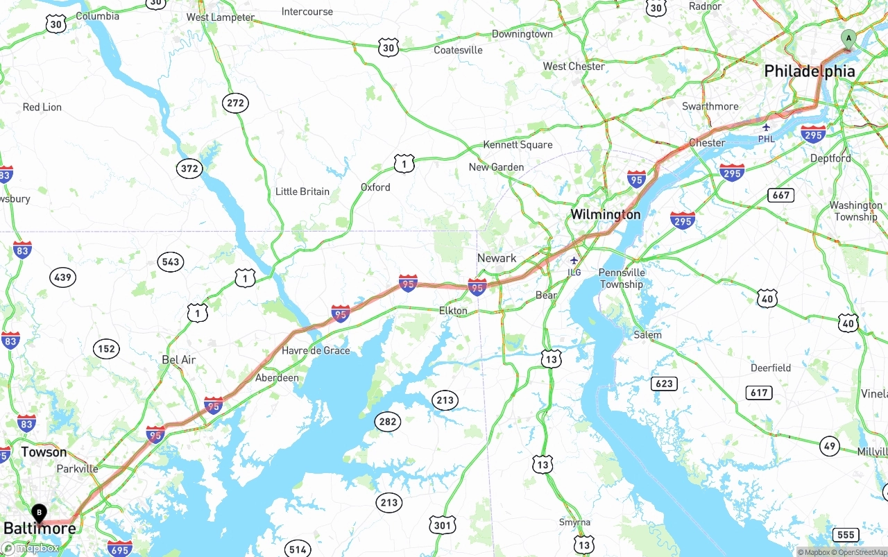 Shipping route from Port of Philadelphia to Baltimore