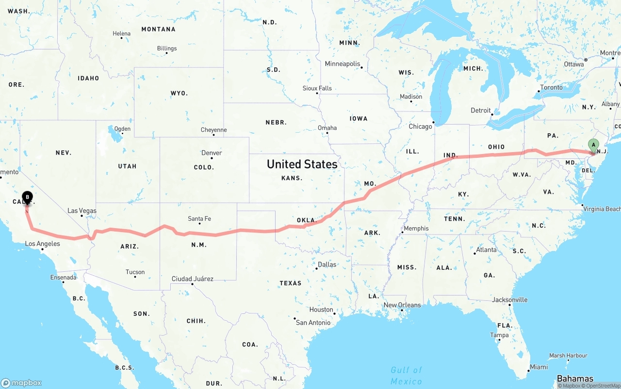 Shipping route from Port of Philadelphia to California