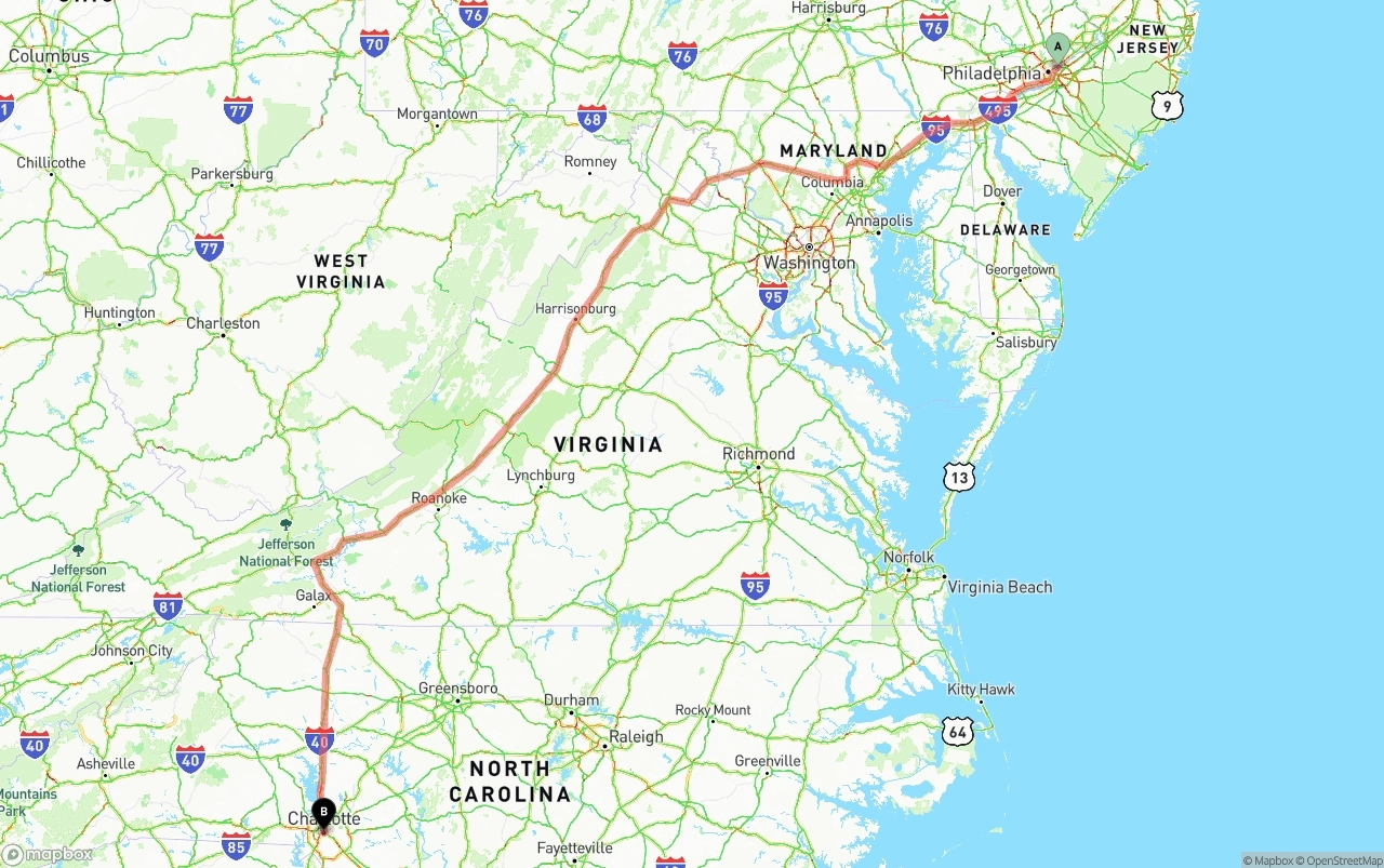 Shipping route from Port of Philadelphia to Charlotte