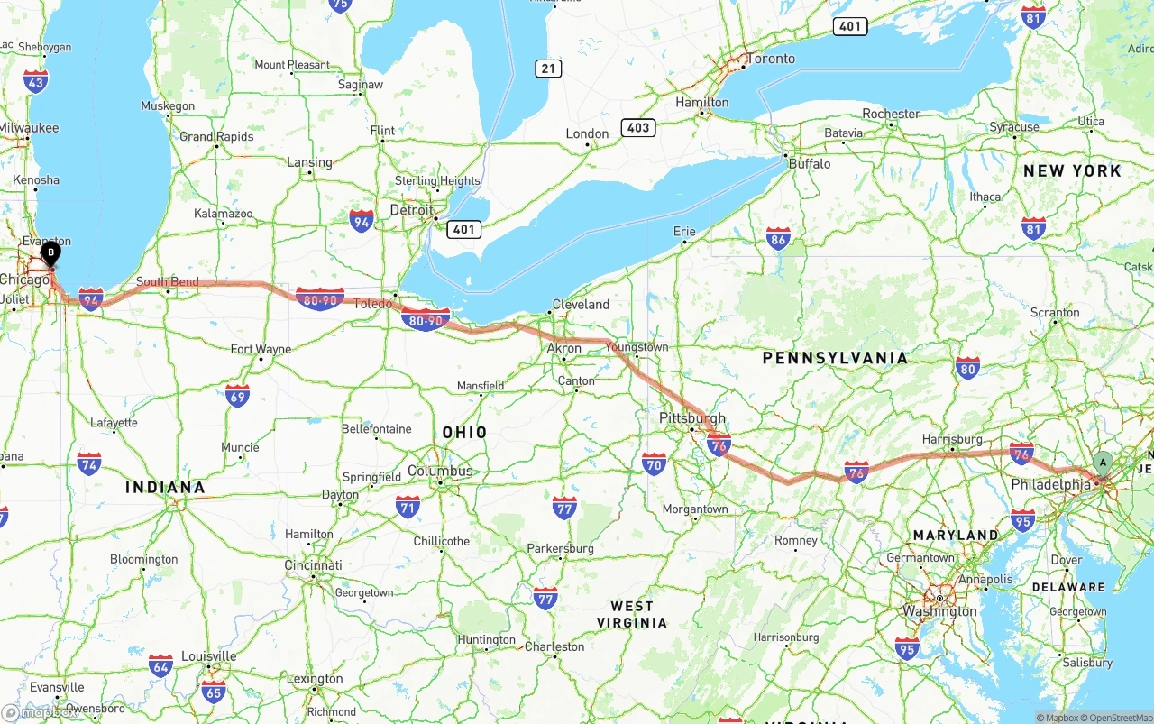 Shipping route from Port of Philadelphia to Chicago