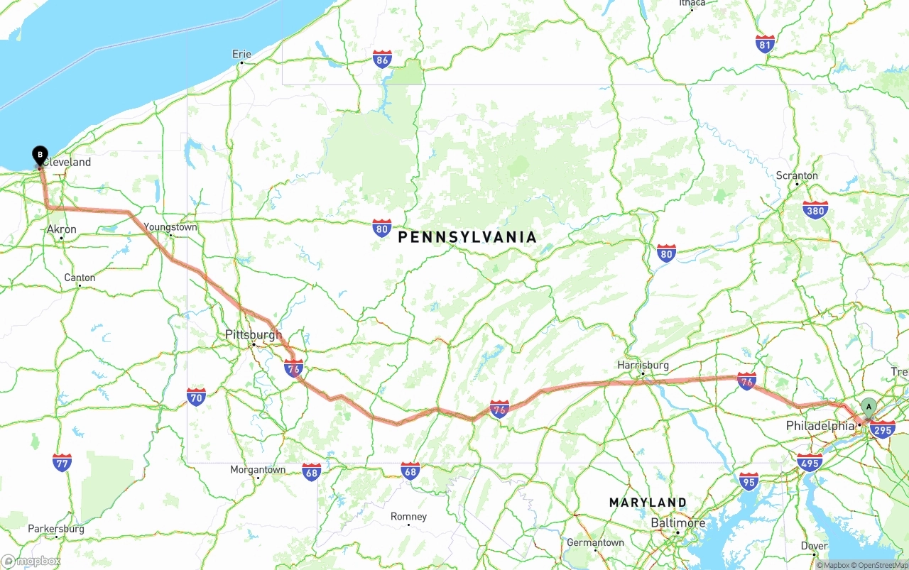 Shipping route from Port of Philadelphia to Cleveland