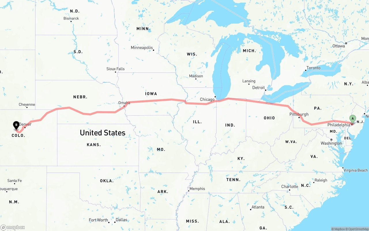 Shipping route from Port of Philadelphia to Colorado