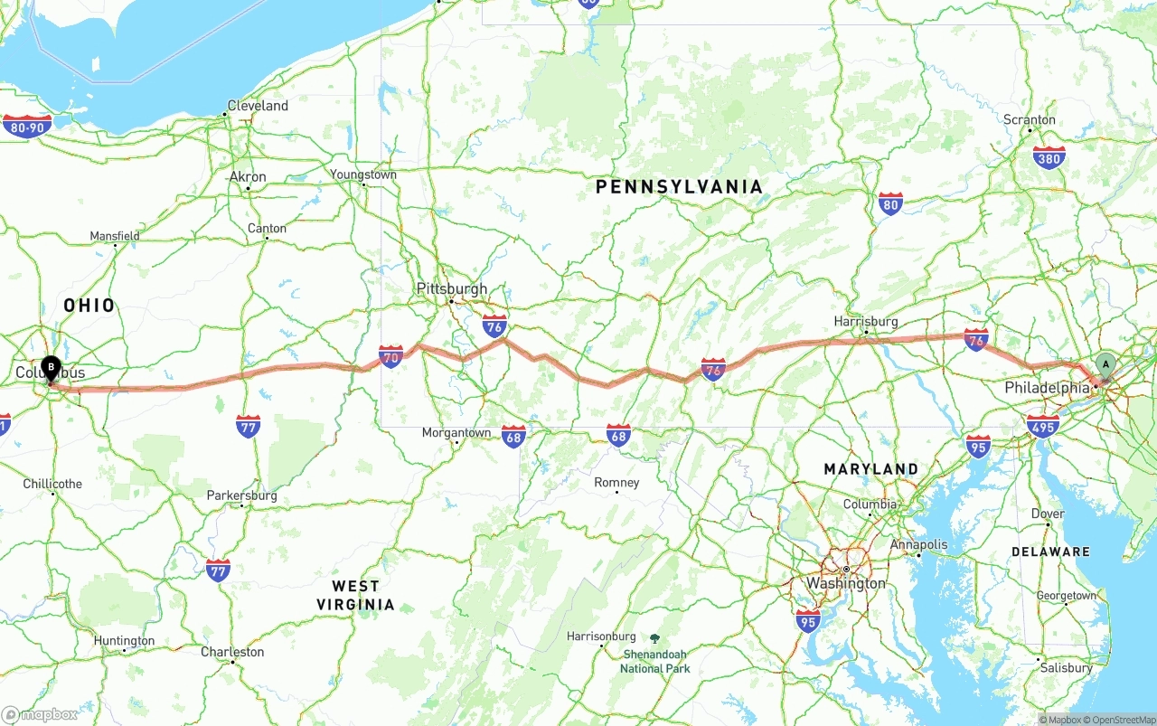 Shipping route from Port of Philadelphia to Columbus