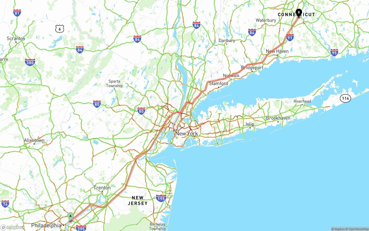 Shipping route from Port of Philadelphia to Connecticut