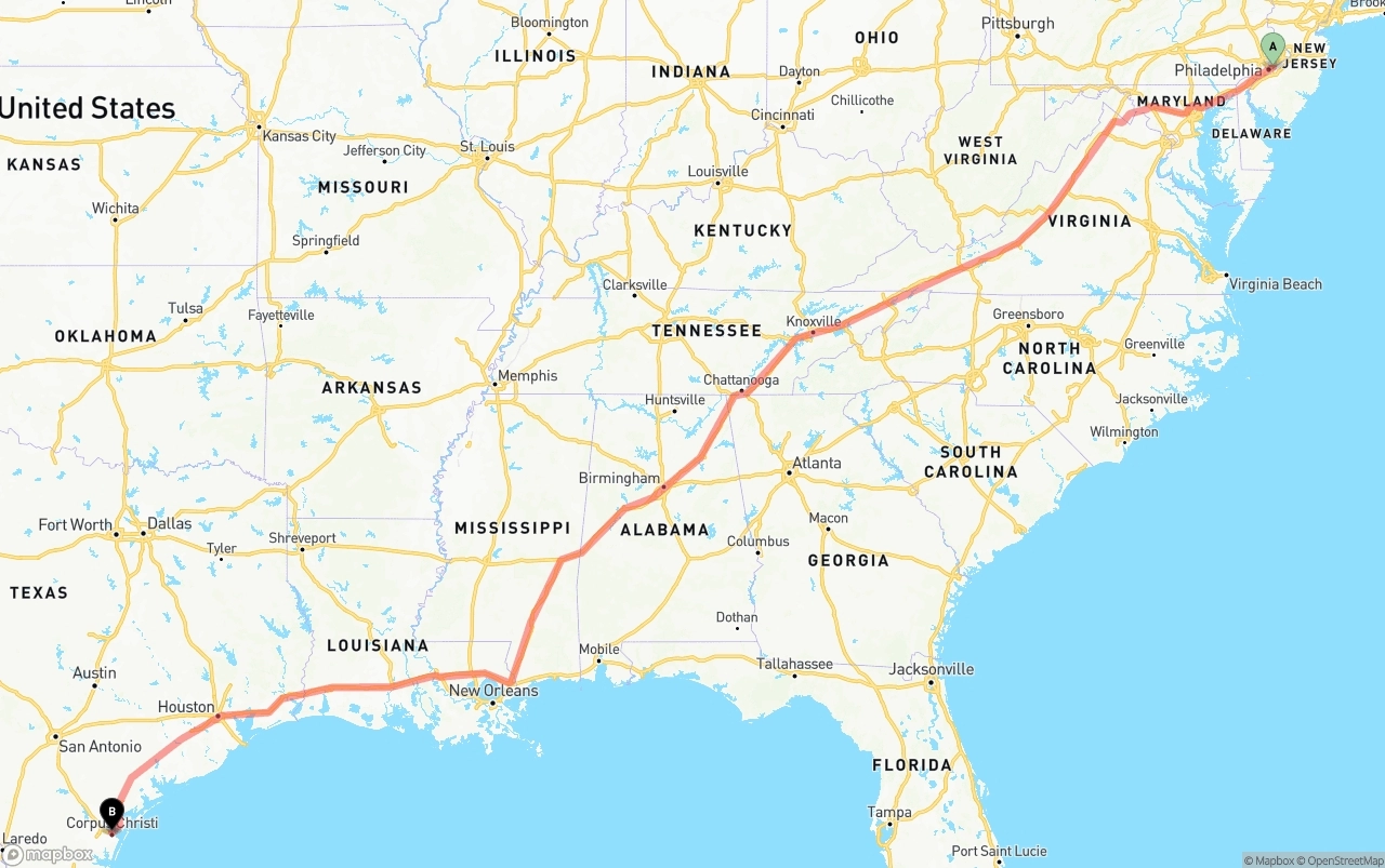Shipping route from Port of Philadelphia to Corpus Christi