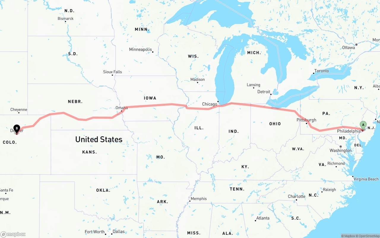 Shipping route from Port of Philadelphia to Denver