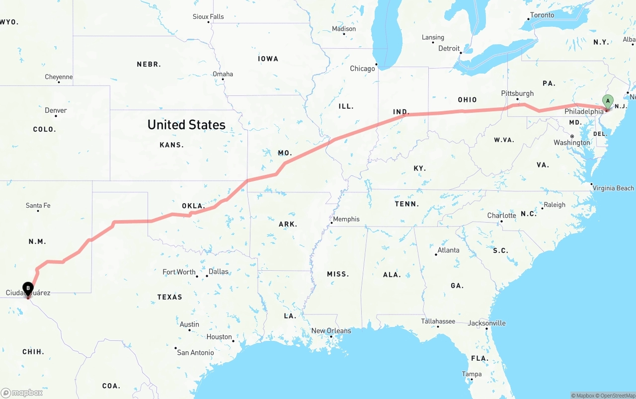 Shipping route from Port of Philadelphia to El Paso