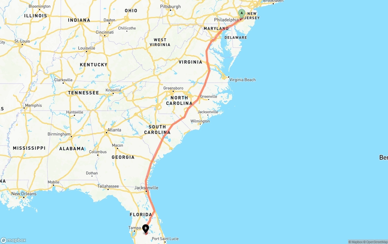 Shipping route from Port of Philadelphia to Florida