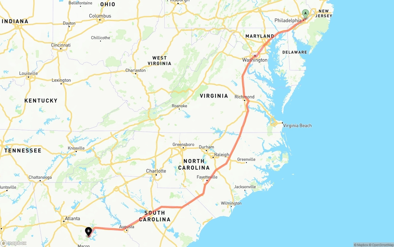 Shipping route from Port of Philadelphia to Georgia