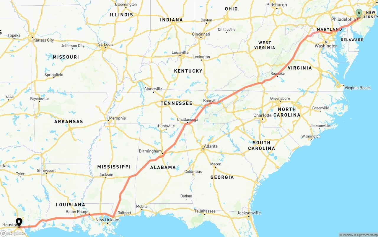 Shipping route from Port of Philadelphia to Houston