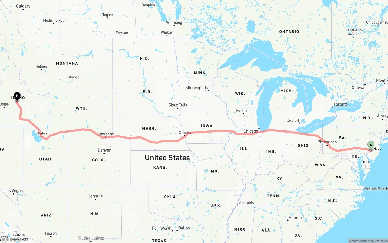 Shipping route from Port of Philadelphia to Idaho