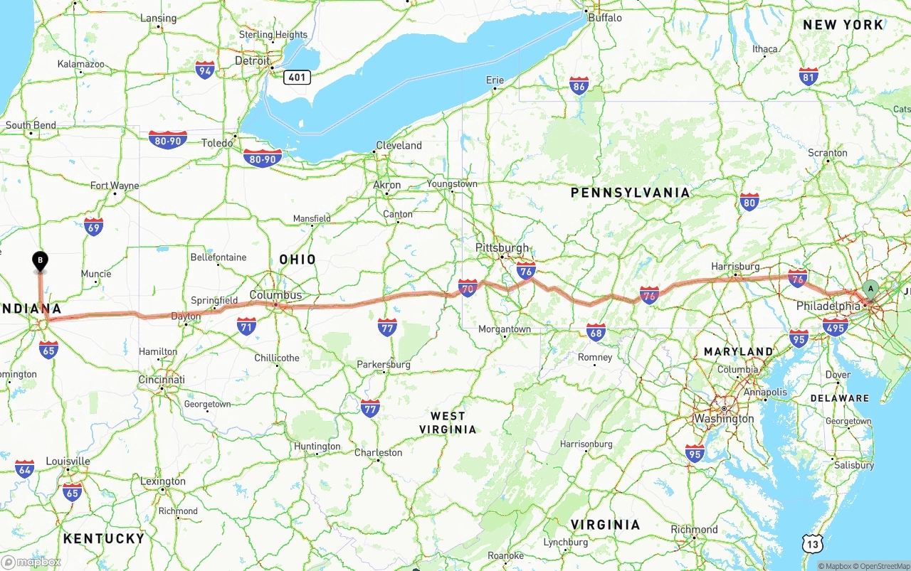 Shipping route from Port of Philadelphia to Indiana