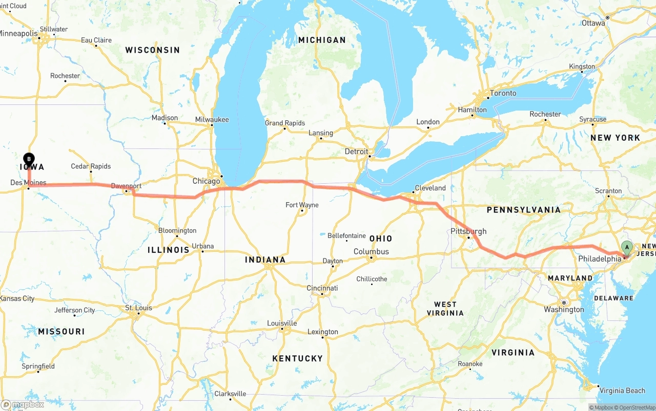 Shipping route from Port of Philadelphia to Iowa