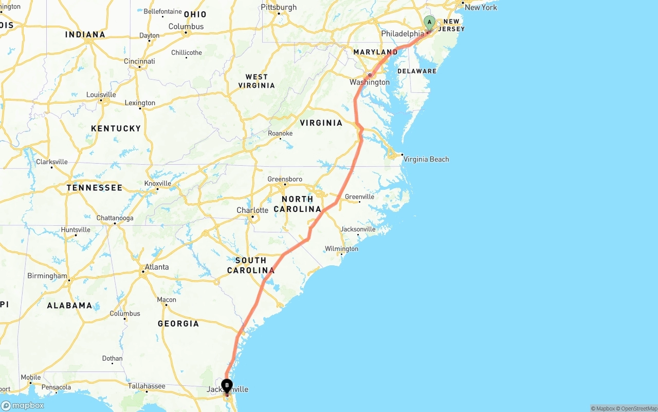 Shipping route from Port of Philadelphia to Jacksonville