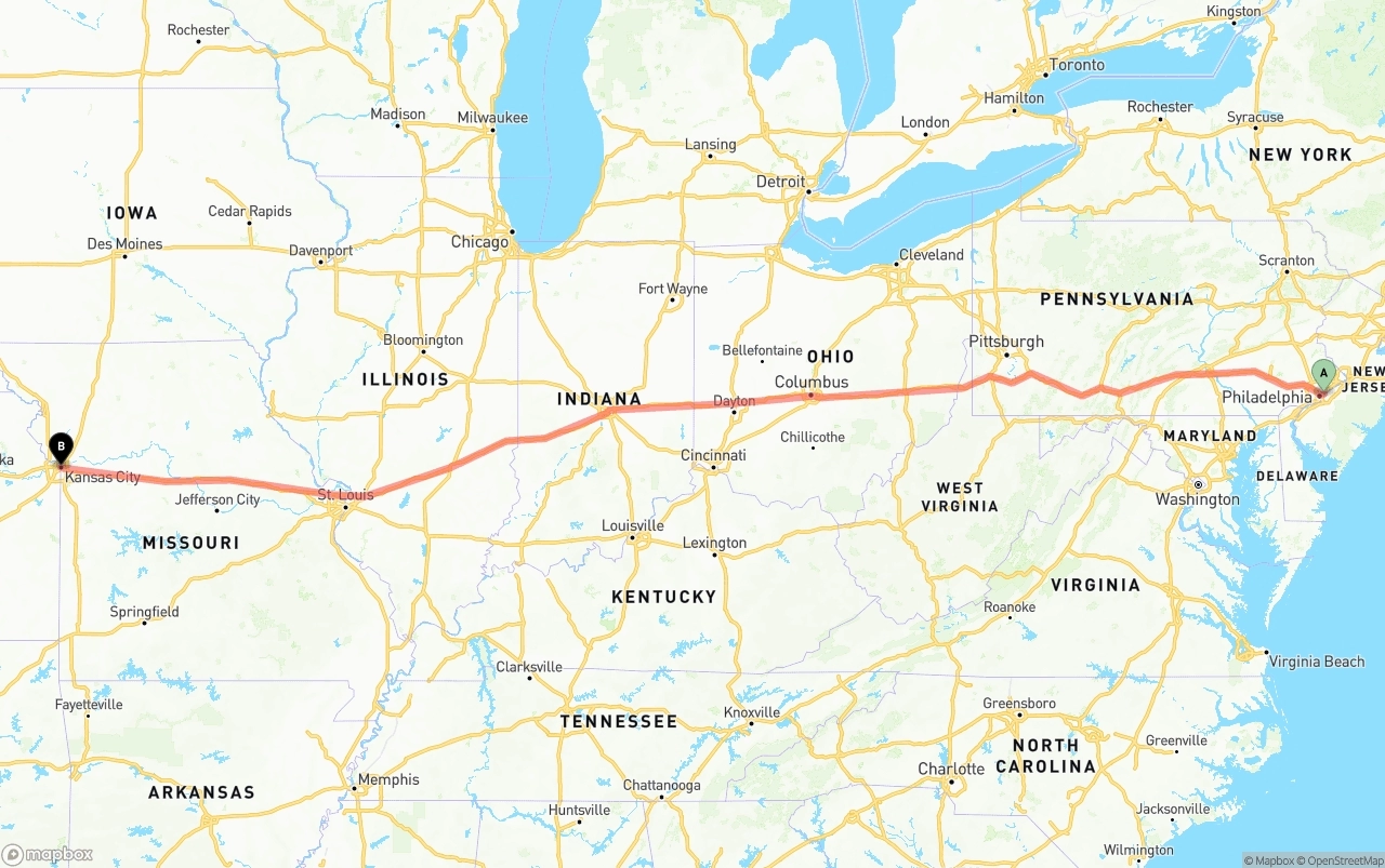 Shipping route from Port of Philadelphia to Kansas City