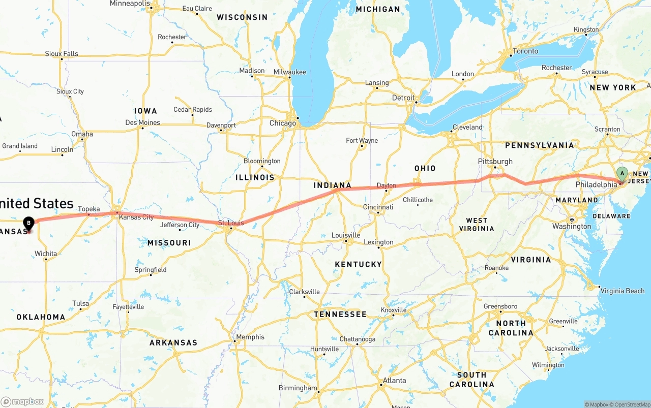 Shipping route from Port of Philadelphia to Kansas