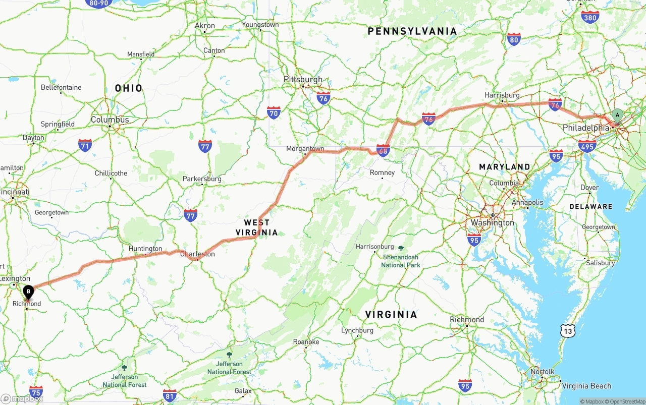 Shipping route from Port of Philadelphia to Kentucky