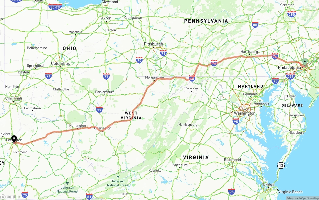 Shipping route from Port of Philadelphia to Lexington