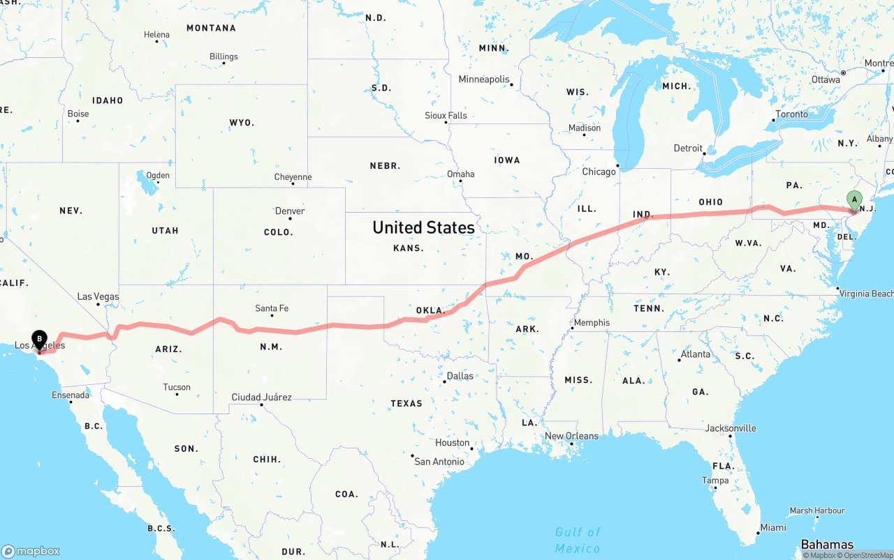 Shipping route from Port of Philadelphia to Los Angeles