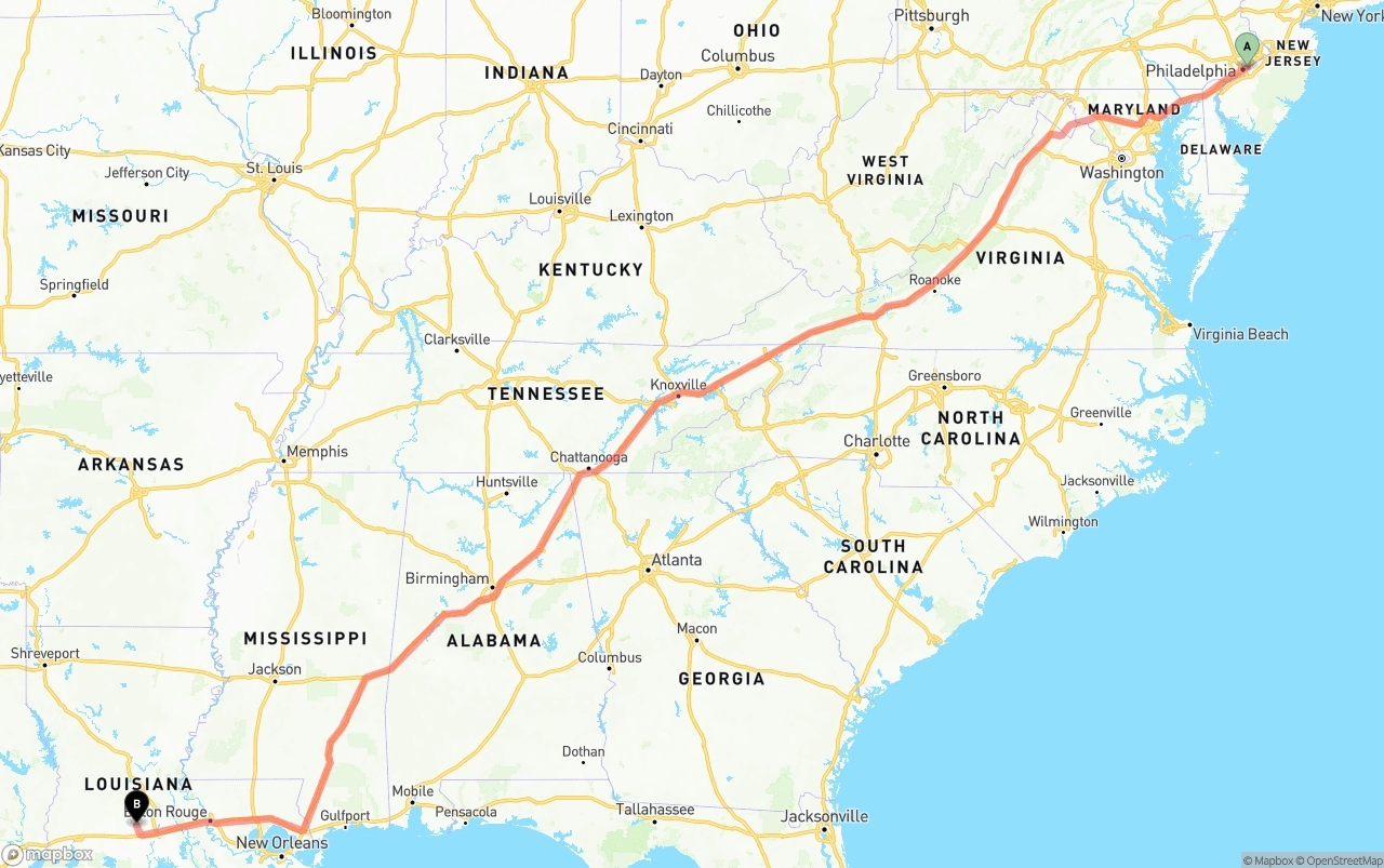 Shipping route from Port of Philadelphia to Louisiana