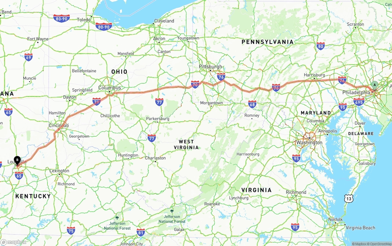 Shipping route from Port of Philadelphia to Louisville