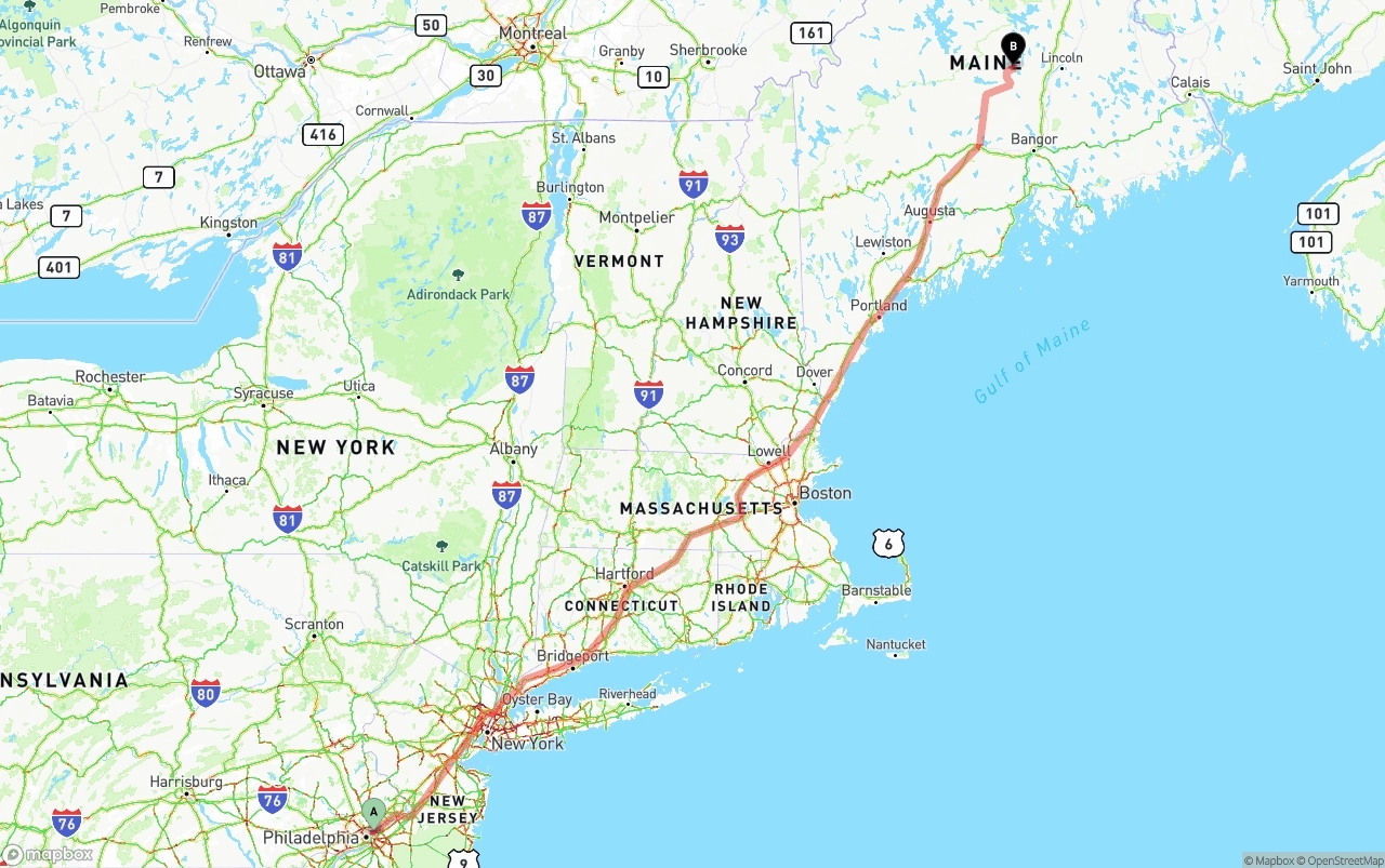 Shipping route from Port of Philadelphia to Maine