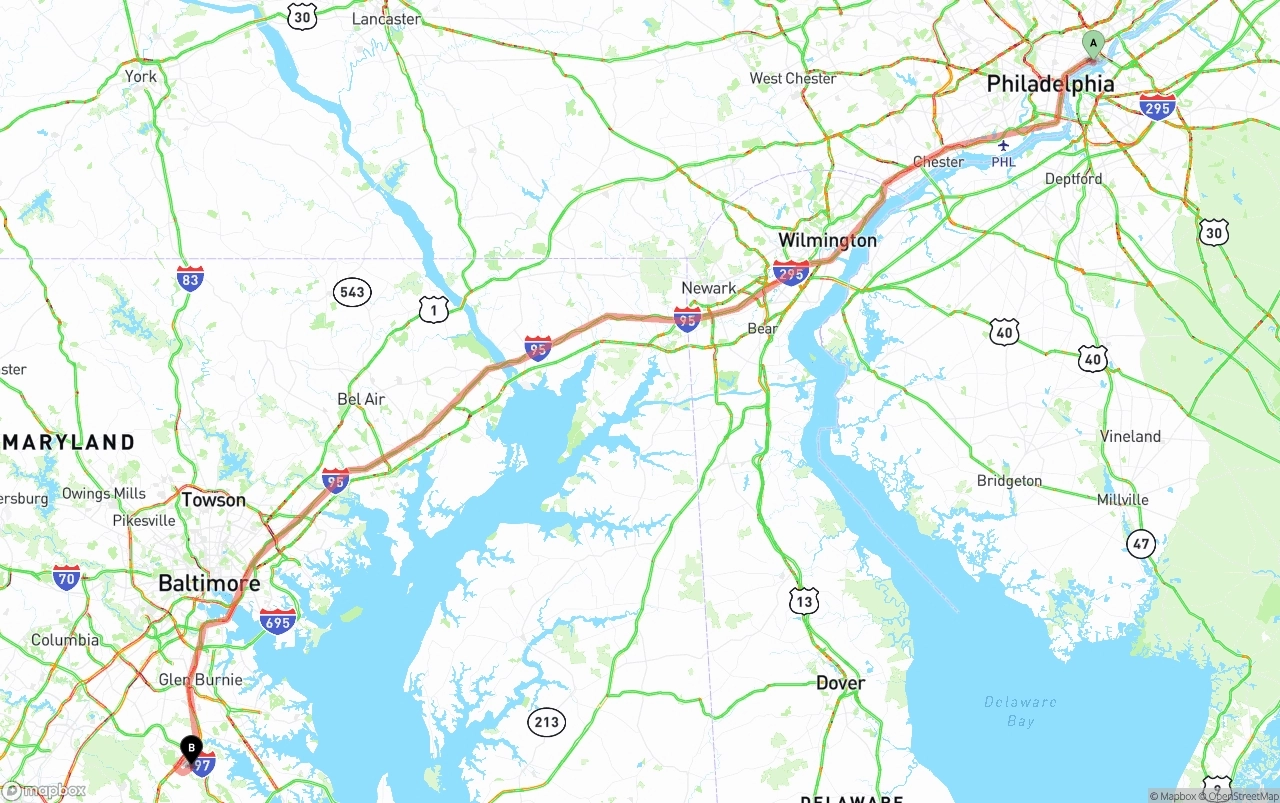 Shipping route from Port of Philadelphia to Maryland