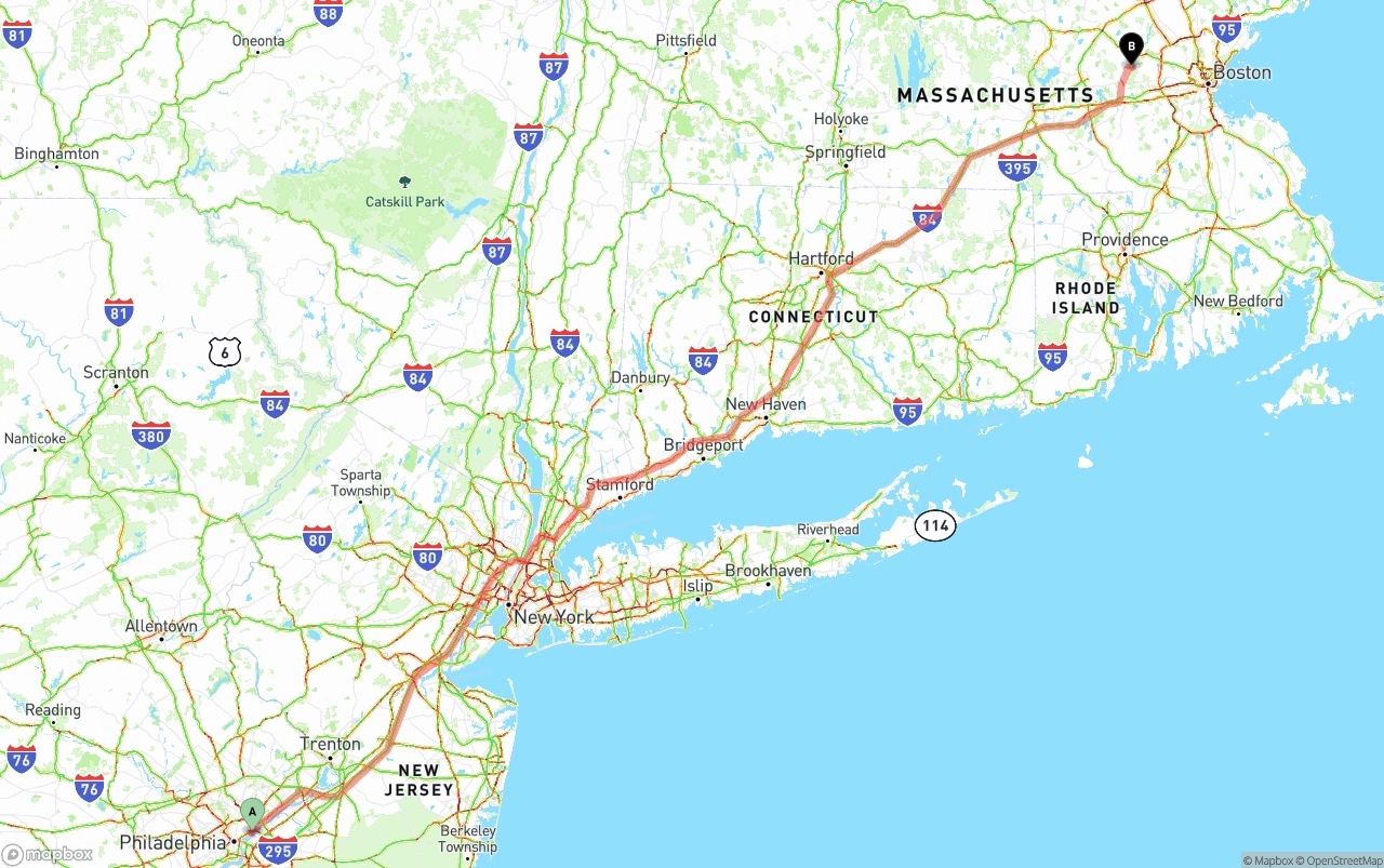 Shipping route from Port of Philadelphia to Massachusetts