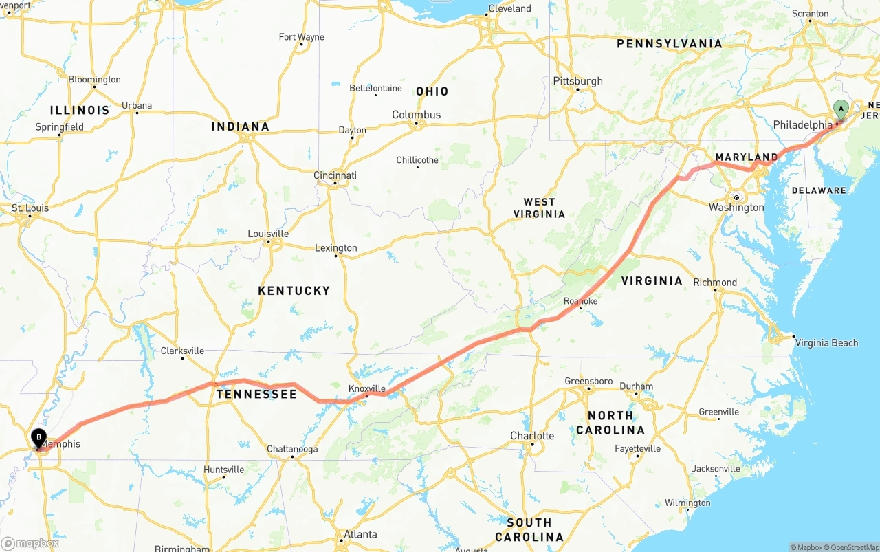 Shipping route from Port of Philadelphia to Memphis