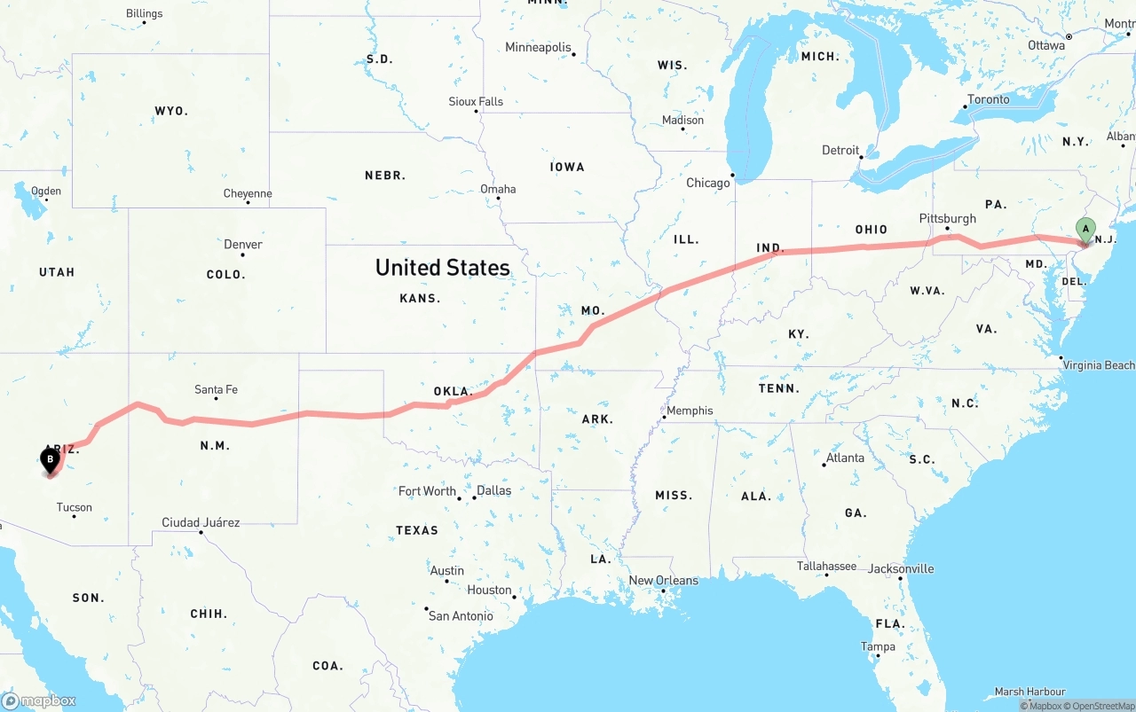 Shipping route from Port of Philadelphia to Mesa