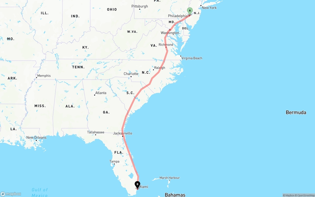 Shipping route from Port of Philadelphia to Miami