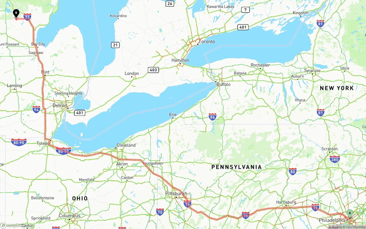 Shipping route from Port of Philadelphia to Michigan