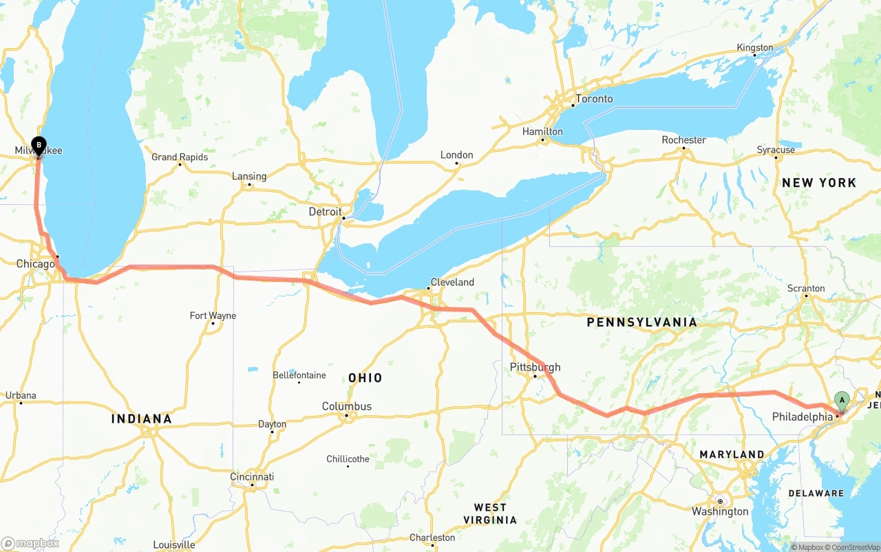 Shipping route from Port of Philadelphia to Milwaukee