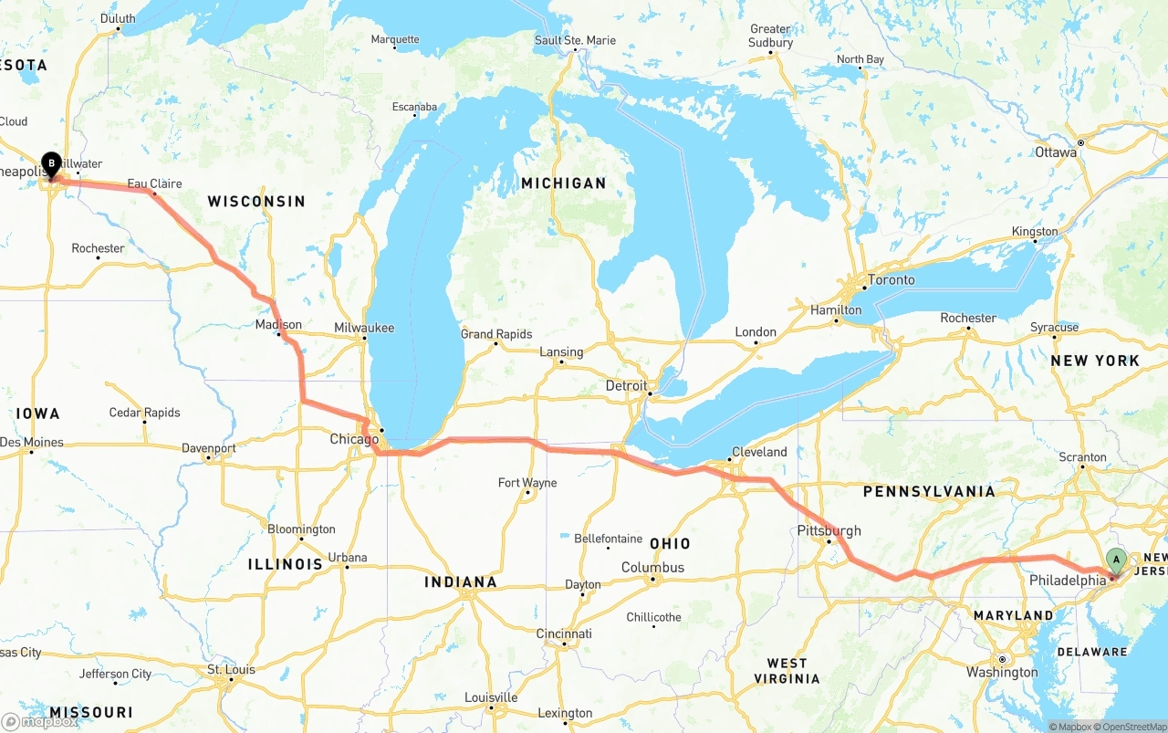 Shipping route from Port of Philadelphia to Minneapolis