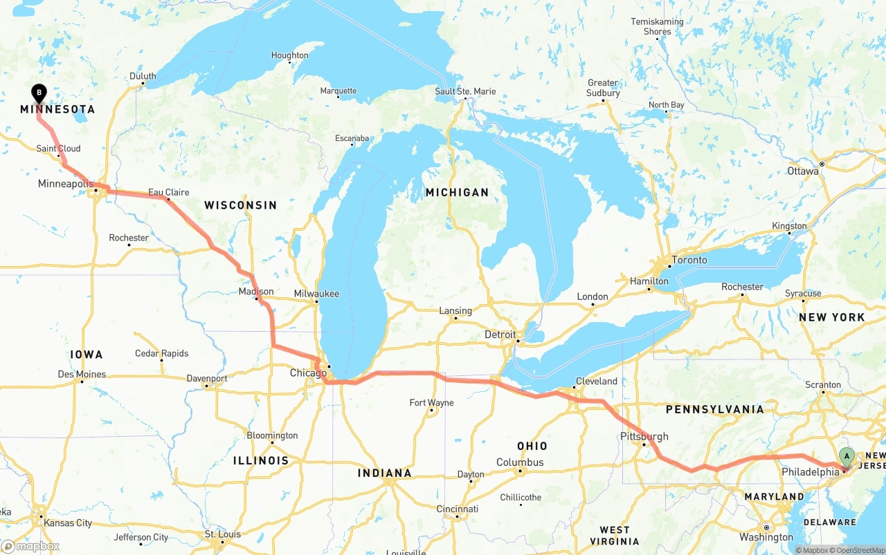 Shipping route from Port of Philadelphia to Minnesota