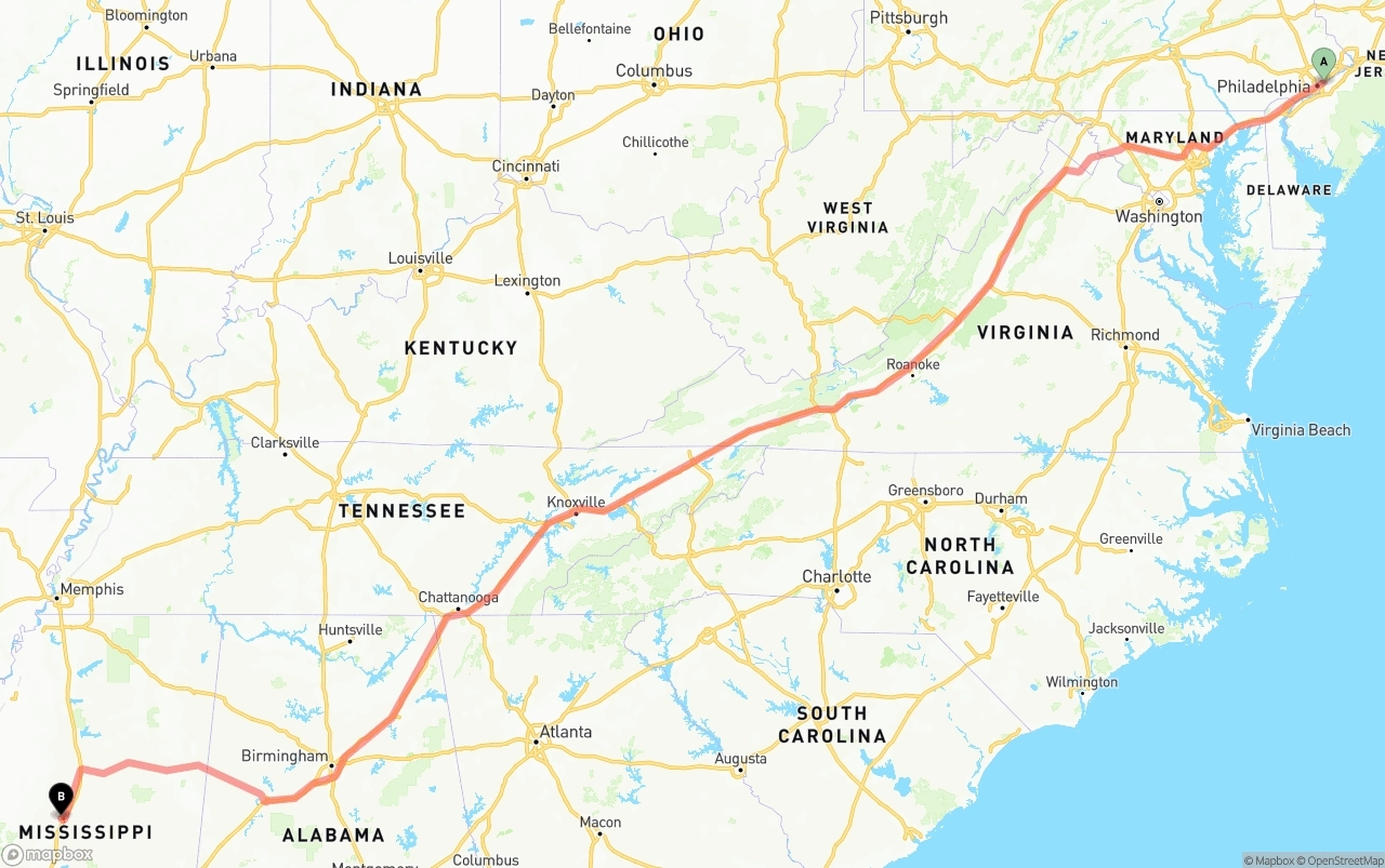 Shipping route from Port of Philadelphia to Mississippi