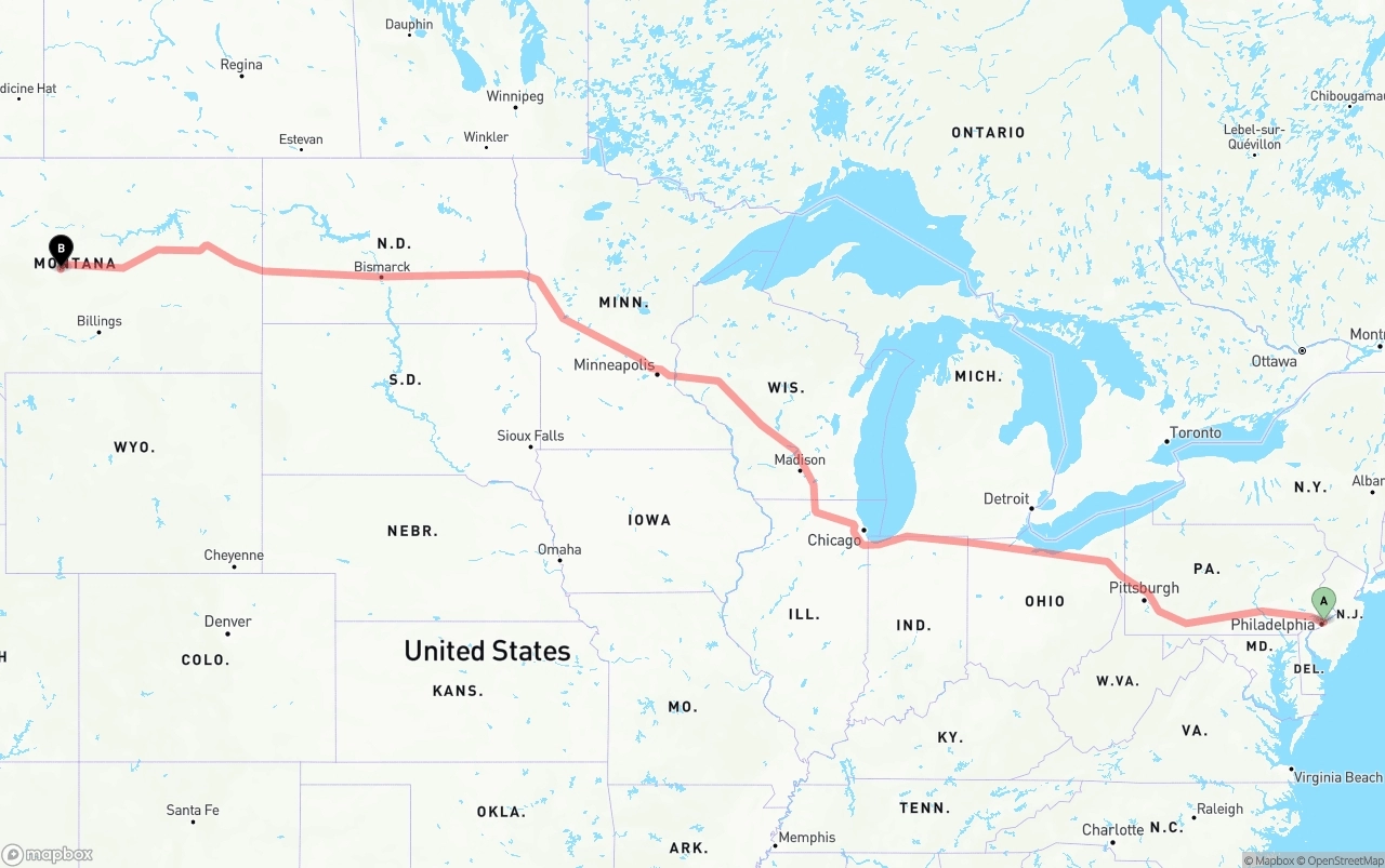 Shipping route from Port of Philadelphia to Montana