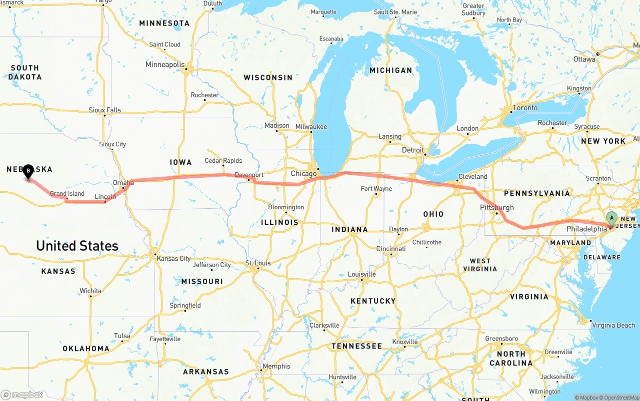 Shipping route from Port of Philadelphia to Nebraska