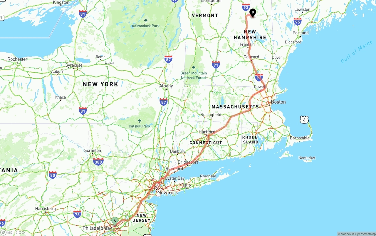 Shipping route from Port of Philadelphia to New Hampshire