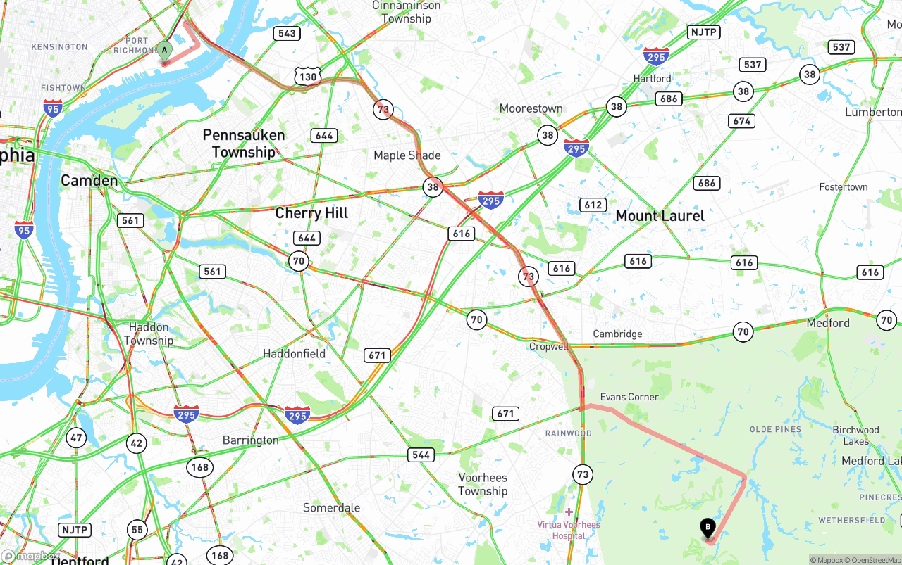 Shipping route from Port of Philadelphia to New Jersey